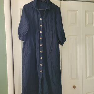 Navy Button-Down Linen Dress